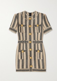 Balmain Frayed Sequin-embellished Striped Pique Mini Dress