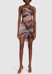 Balmain Gathered Printed Tulle Mini Dress