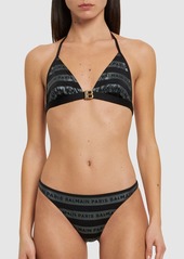 Balmain Glitter Striped Logo Triangle Bikini