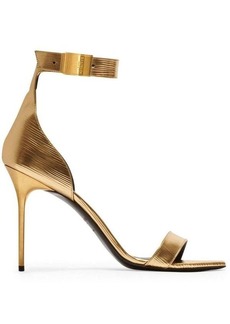 Balmain Gold-Colored Sandals with Logo and Stiletto Heel in Laminated Leather Woman