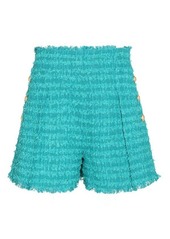 Balmain Green Shorts High Waist with Pinces and Fringed Hem in Tweed Woman