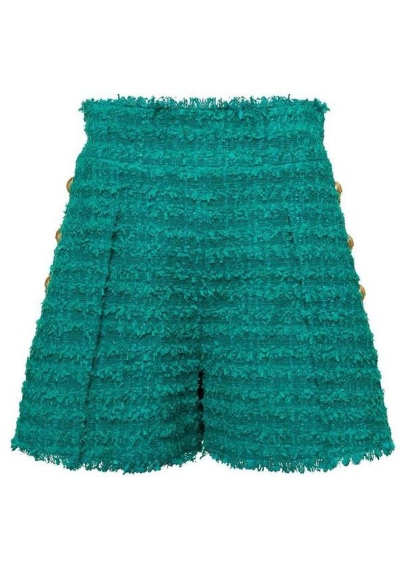 Balmain Green Shorts High Waist with Pinces and Fringed Hem in Tweed Woman