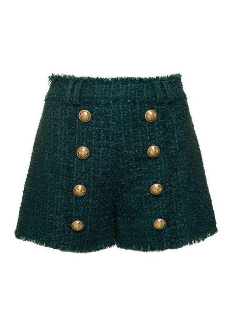 Balmain Green Tweed Shorts with Aged-Gold Buttons in Wool Blend Woman