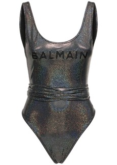 Balmain Iridescent Logo Print Belted Swimsuit
