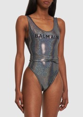 Balmain Iridescent Logo Print Belted Swimsuit
