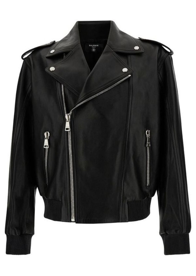 Balmain Black Biker Jacket with Revers Collar in Leather Woman