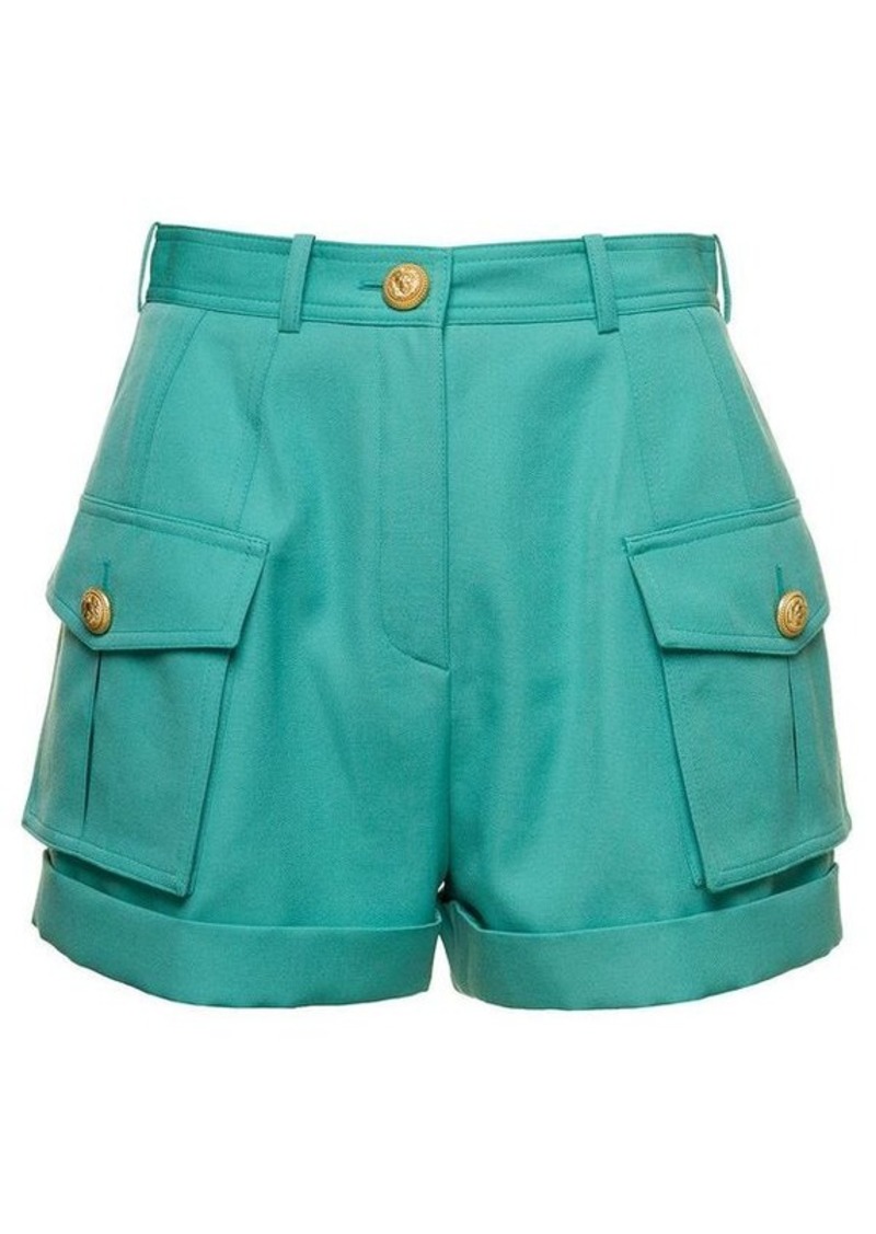 Balmain Light Blue Shorts with Cuff and Jewel Buttons in Wool Woman