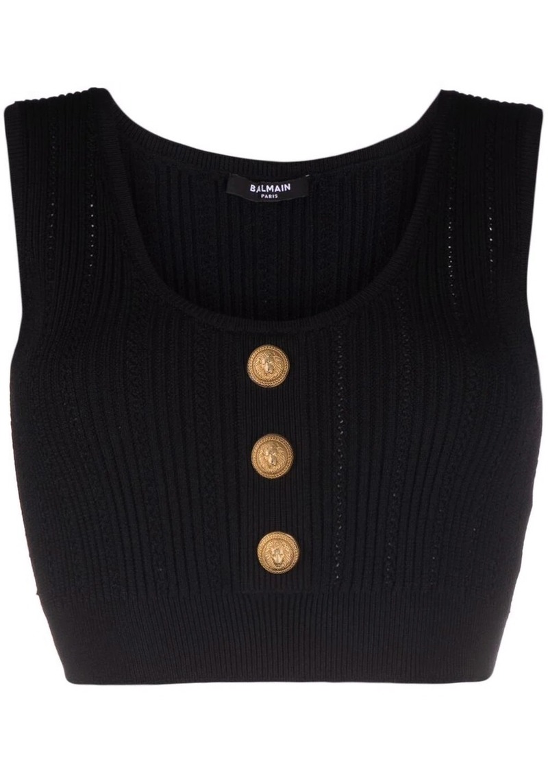 Balmain logo-button cropped sleeveless knitted top