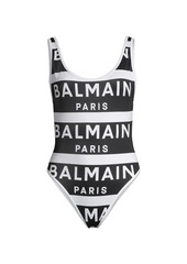 Balmain Maxy Block Striped Logo One-Piece Swimsuit