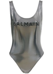 Balmain metallic-effect logo-print swimsuit