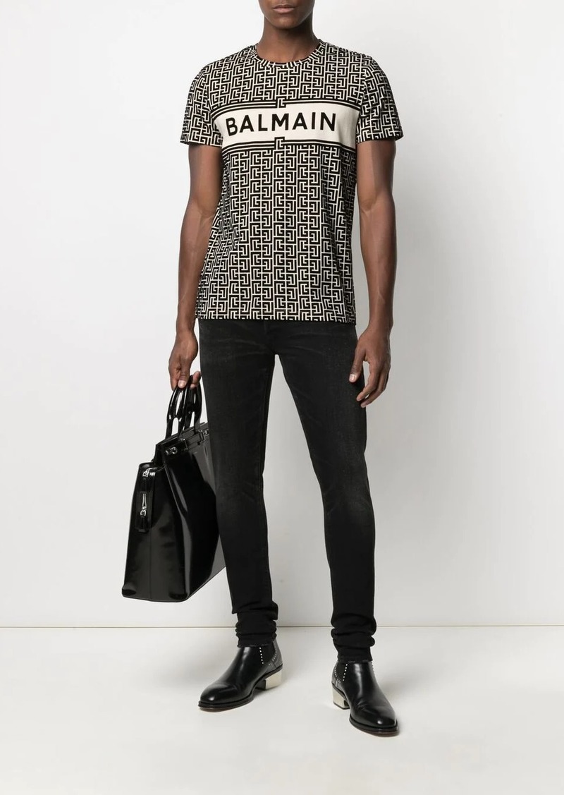 Balmain Flocked-monogram T-shirt - Black