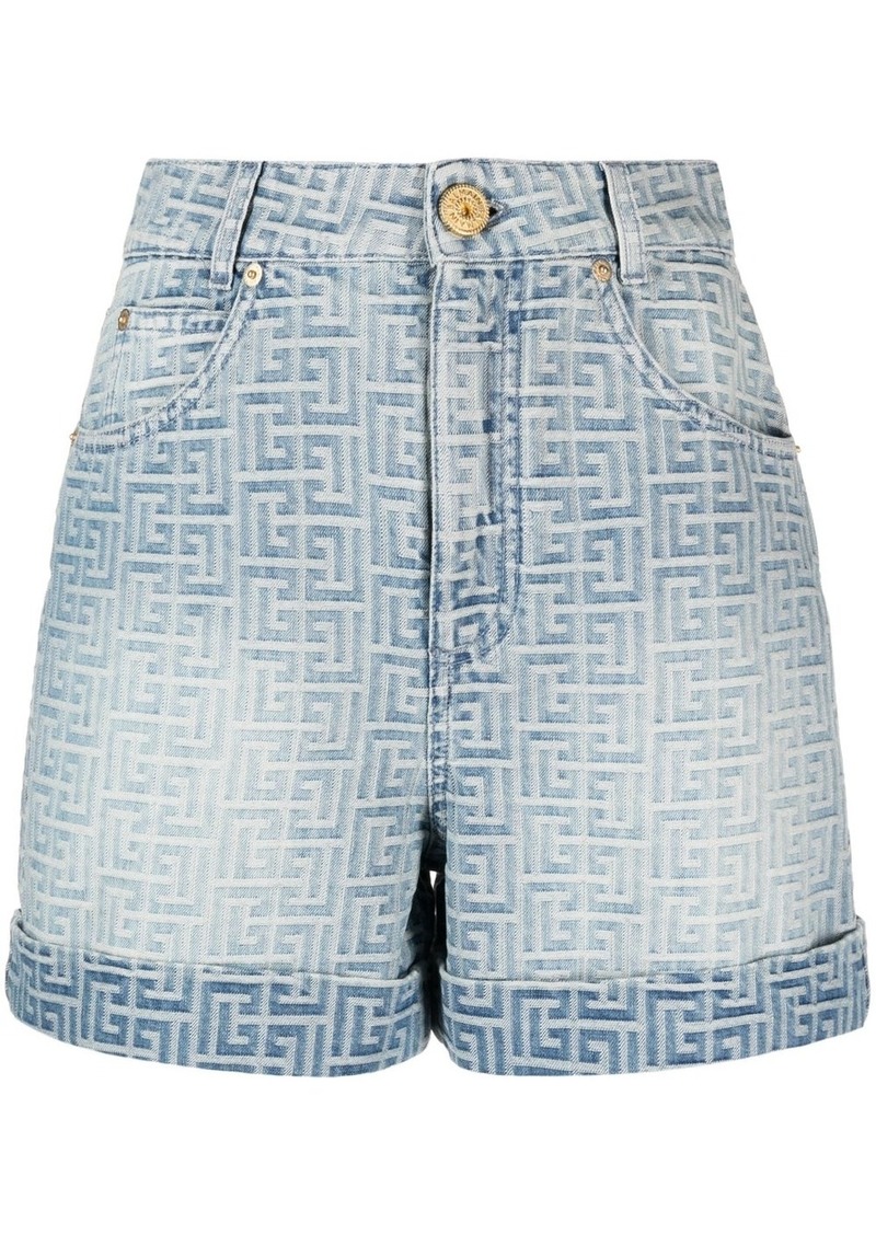 Balmain monogram-print cotton denim shorts