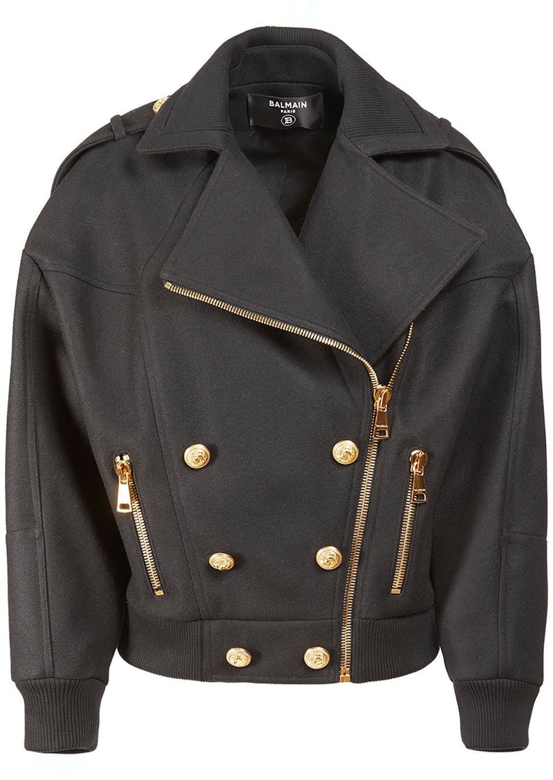 Balmain Oversize Boiled Wool Zip Short Coat