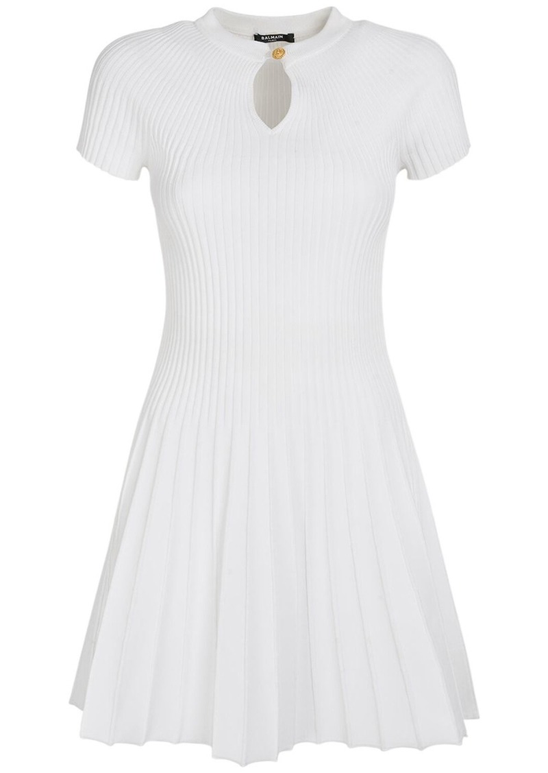 Balmain Pleated Knit Short Sleeve Mini Dress