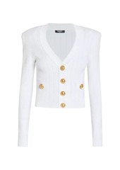 Balmain Rib-Knit Pad Shoulder Cardigan