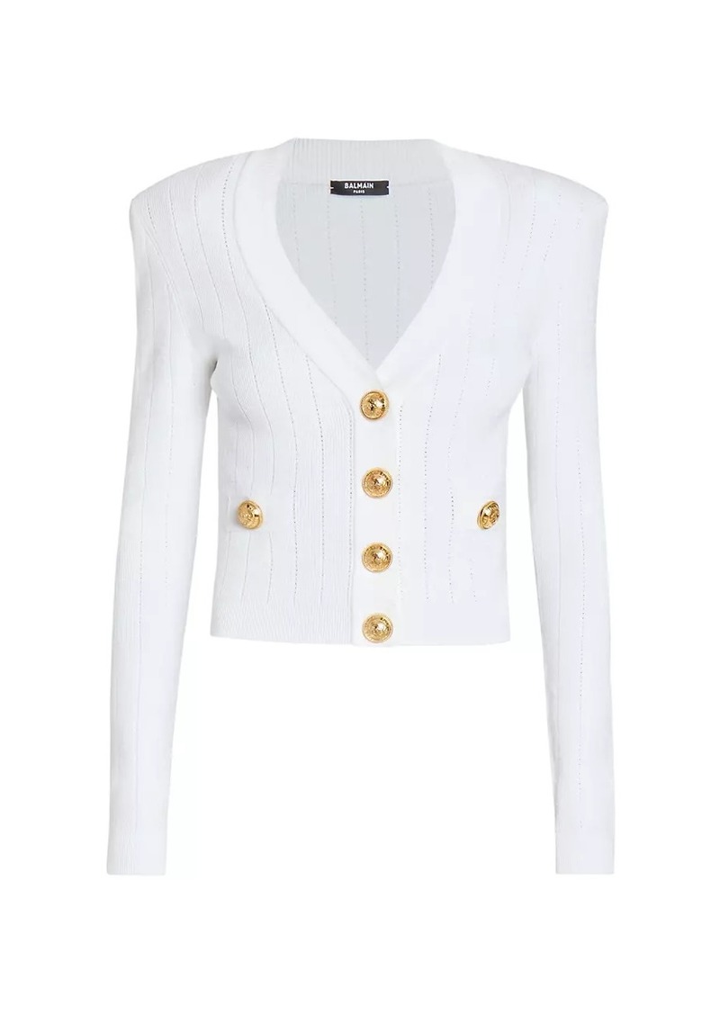 Balmain Rib-Knit Pad Shoulder Cardigan