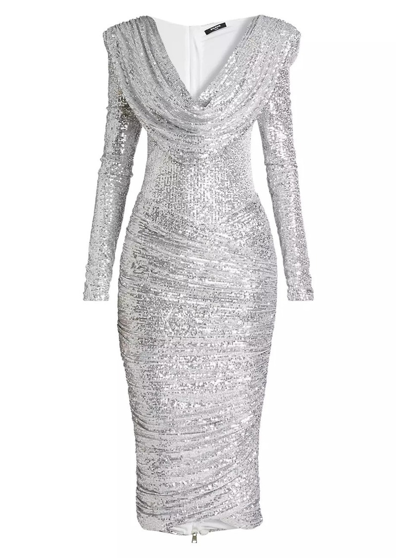 Balmain Sequined Cowlneck Midi-Dress