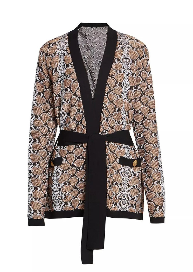 Balmain Sequined Python Print Belted Cardigan