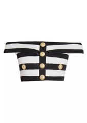 Balmain Striped Cotton Off-the-Shoulder Crop Top