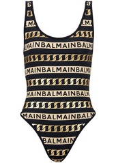 Balmain striped logo-print swimsuit