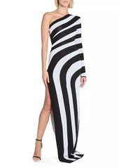 Balmain Striped One-Shoulder Gown