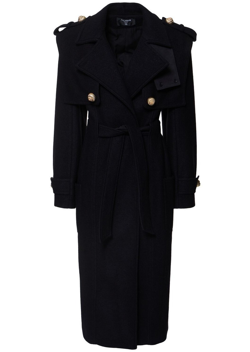 Balmain Tailored Boiled Wool Blend Trench Coat