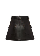 Balmain Trapeze Belted Leather Mini Skirt