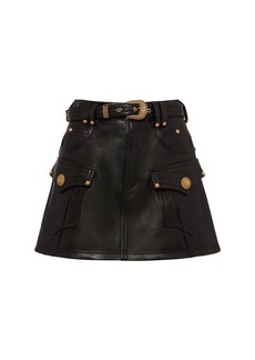 Balmain Trapeze Belted Leather Mini Skirt