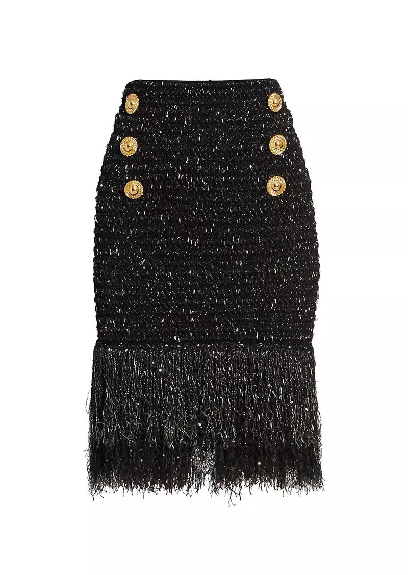 Balmain Tweed Fringe Midi-Skirt