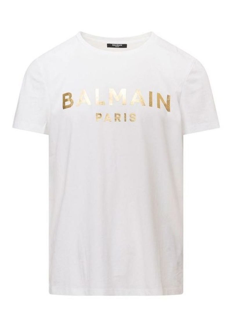 Balmain White Crewneck T-Shirt with Metallic Logo Lettering Print in Cotton Man