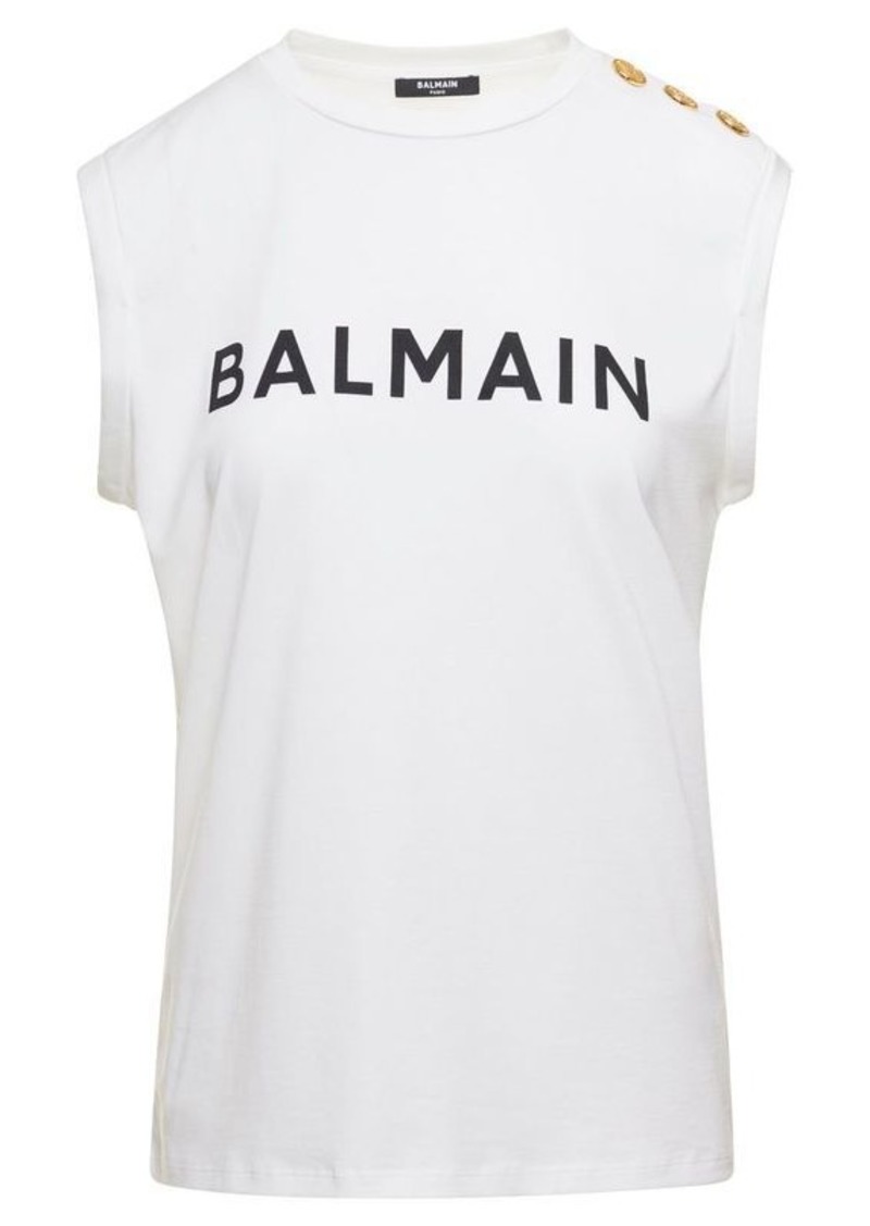 White Tank Top with Contrasting Lettering Print and Jewel Buttons in Cotton Donna Balmain
