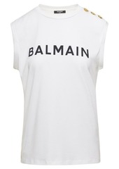 White Tank Top with Contrasting Lettering Print and Jewel Buttons in Cotton Donna Balmain