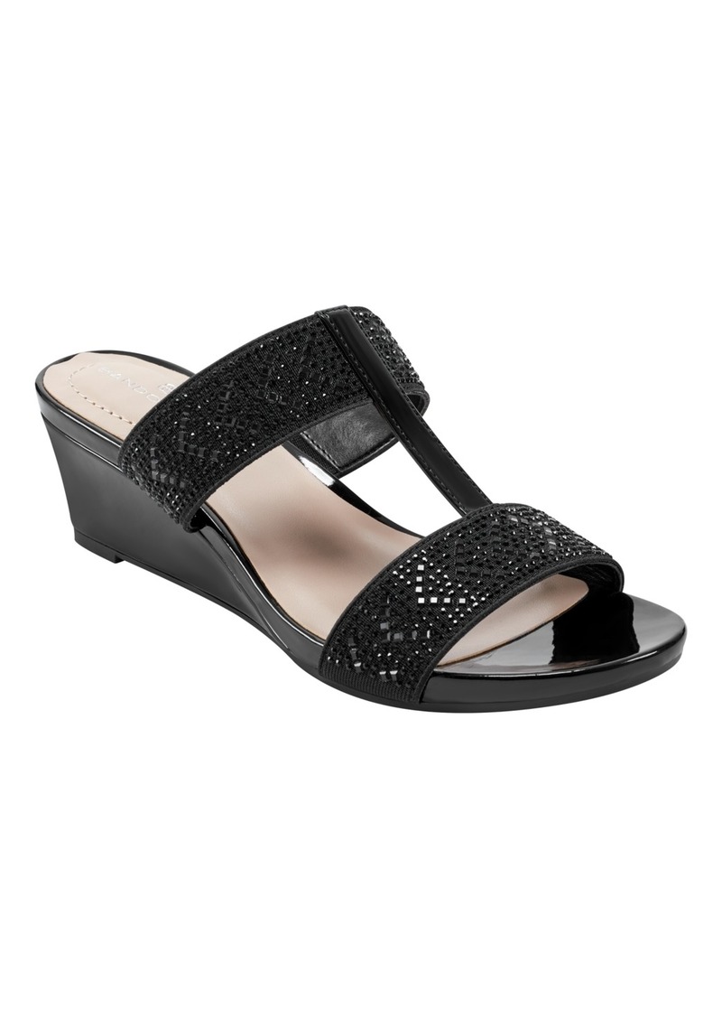 Bandolino Women's Iluvit Embellished Dress Wedge Sandals - Black- Textile, Faux Patent Leather