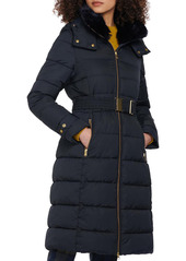 Barbour Rosefield Belted Hooded Puffer Coat with Faux Fur Trim in Dk Navy/Hawthorn Tartan at Nordstrom