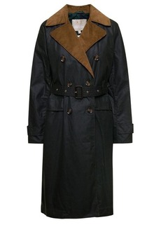 Barbour 'Simone' Black Belted Trench Coat with Corduroy Revers in Waxed Cotton Woman
