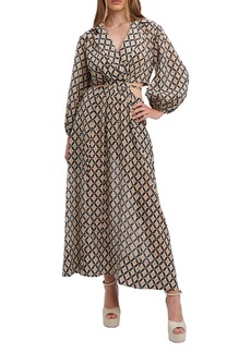 Bardot Stevie Geo Print Long Sleeve Cutout Maxi Dress in Beige Abstract at Nordstrom Rack