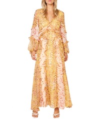 Bardot Mixed Print Long Sleeve Ruffle Maxi Dress