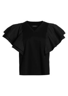 Barneys New York Cotton Ruffled V-Neck T-Shirt