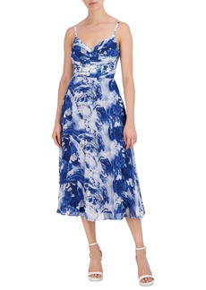 BCBG New York Ruched Fit & Flare Midi Dress in Marble Blue Swirl at Nordstrom Rack