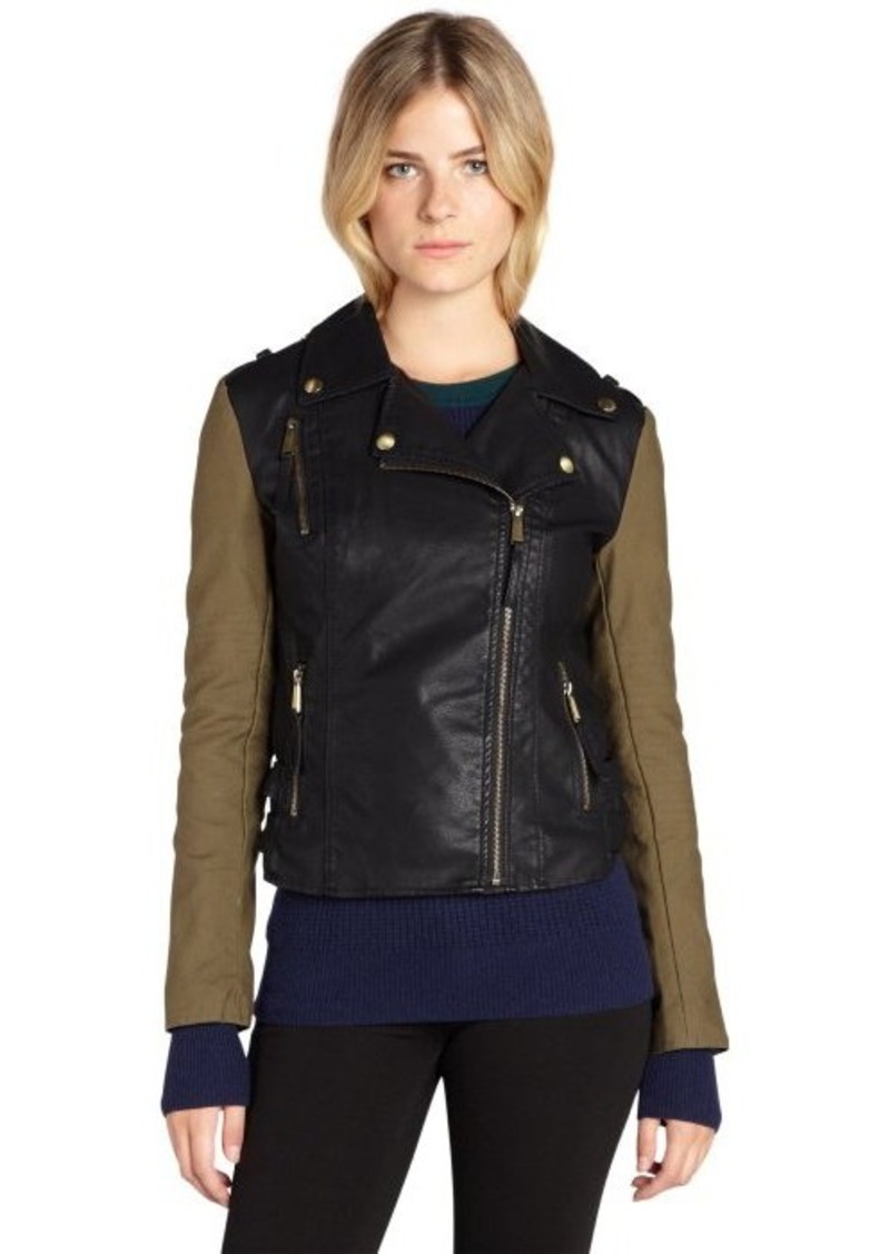 BCBG BCBGeneration black and olive faux leather contrast sleeve moto ...