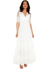 BCBG Max Azria 3/4 Sleeve Embroidered Mesh Gown