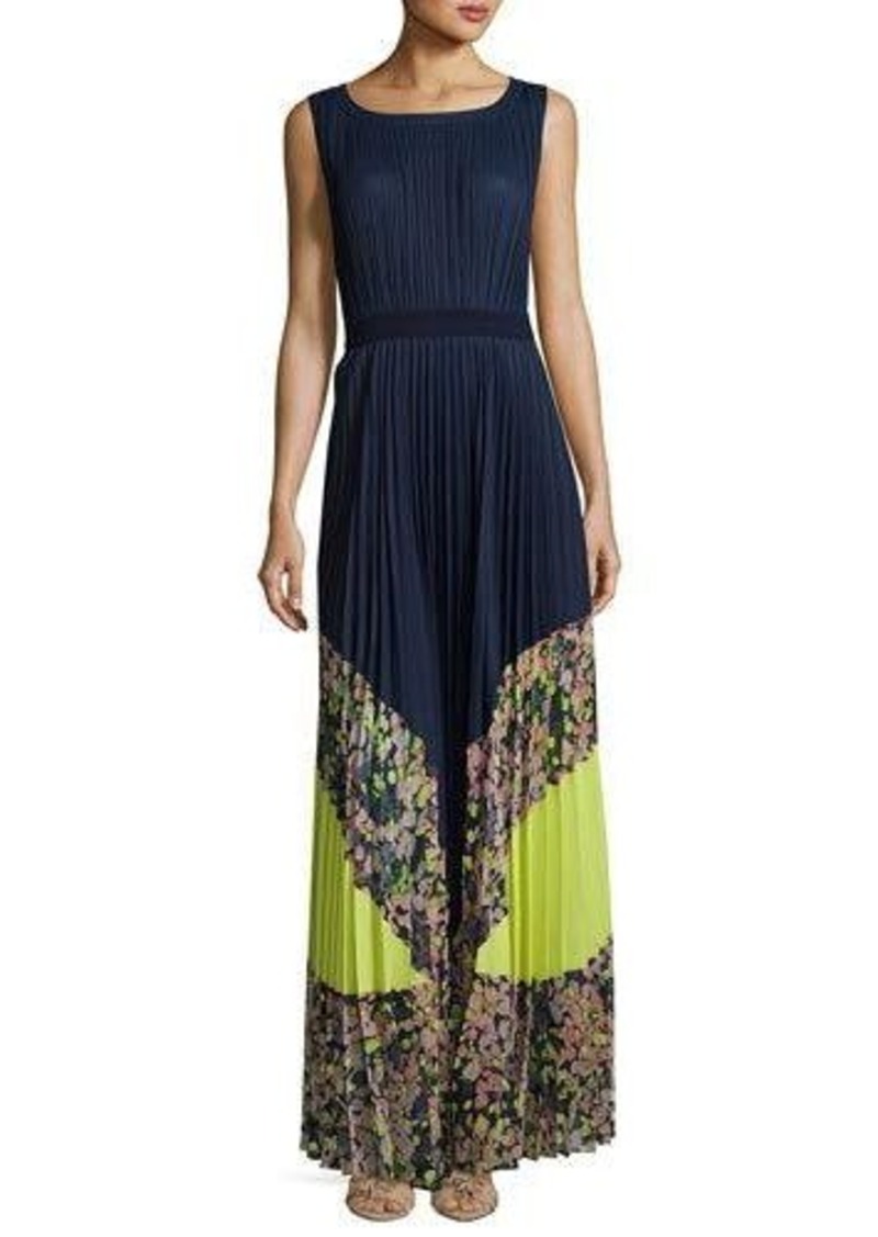 bcbg metallic colorblocked pleated gown