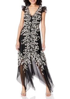 BCBG Max Azria BCBGMAXAZRIA Women's Fit and Flare Evening Gown with Flutter Sleeve and Ruffles