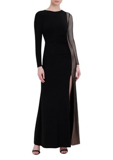 BCBG Max Azria BCBGMAXAZRIA Women's Fit and Flare Floor Length Evening Gown Long Sleeve Crew Neck Side Slit