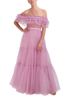 BCBG Max Azria BCBGMAXAZRIA Women's Fit and Flare Floor Length Evening Gown Off The Shoulder Short Sleeves Boned Bustier Tiered Ruffle Skirt