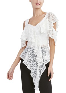 BCBG Max Azria BCBGMAXAZRIA Women's Fit and Flare Off The Shoulder Flutter Sleeve Asymmetrical Neck Ruffle Top Off White