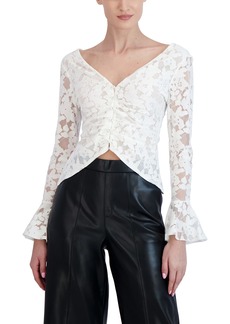 BCBG Max Azria BCBGMAXAZRIA Women's Fitted Lace Top Long Sleeve Bell Cuff Ruched Bodice Shirt