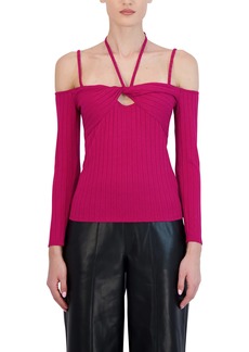 BCBG Max Azria BCBGMAXAZRIA Women's Fitted Long Sleeve Cold Shoulder Sweetheart Neck Halter Tie Front Twist Keyhole Top