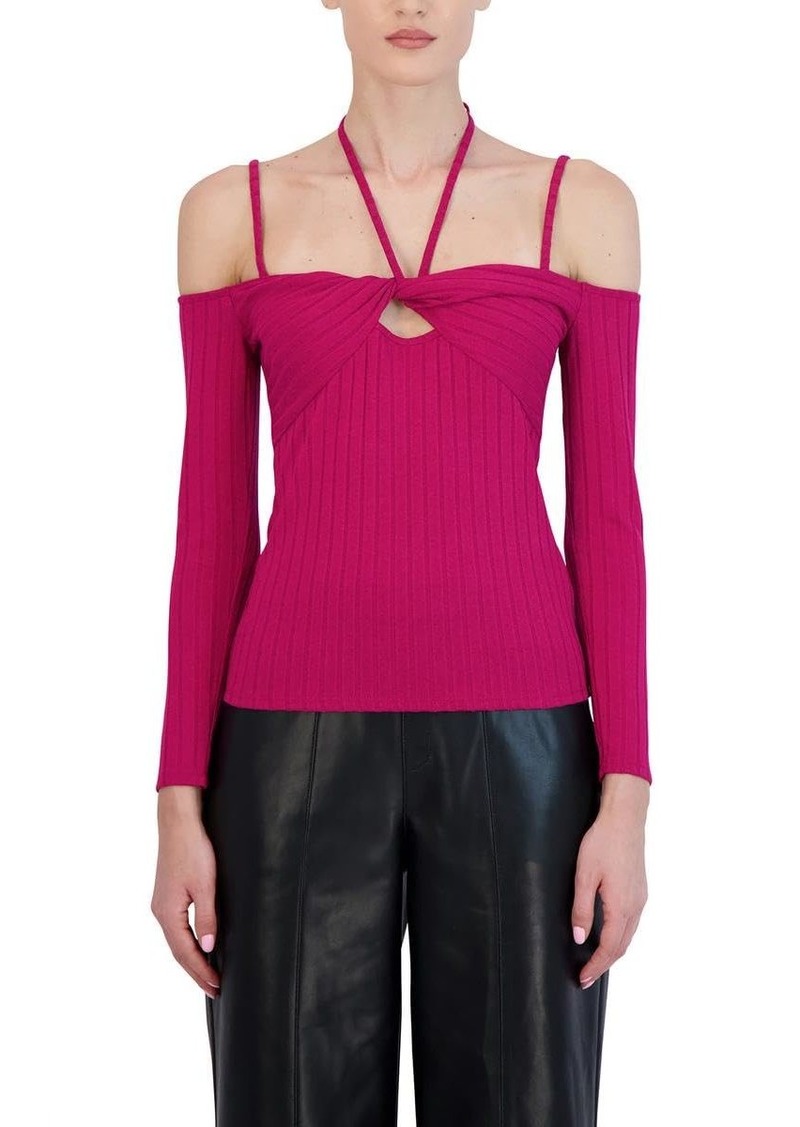 BCBG Max Azria BCBGMAXAZRIA Women's Fitted Long Sleeve Cold Shoulder Sweetheart Neck Halter Tie Front Twist Keyhole Top