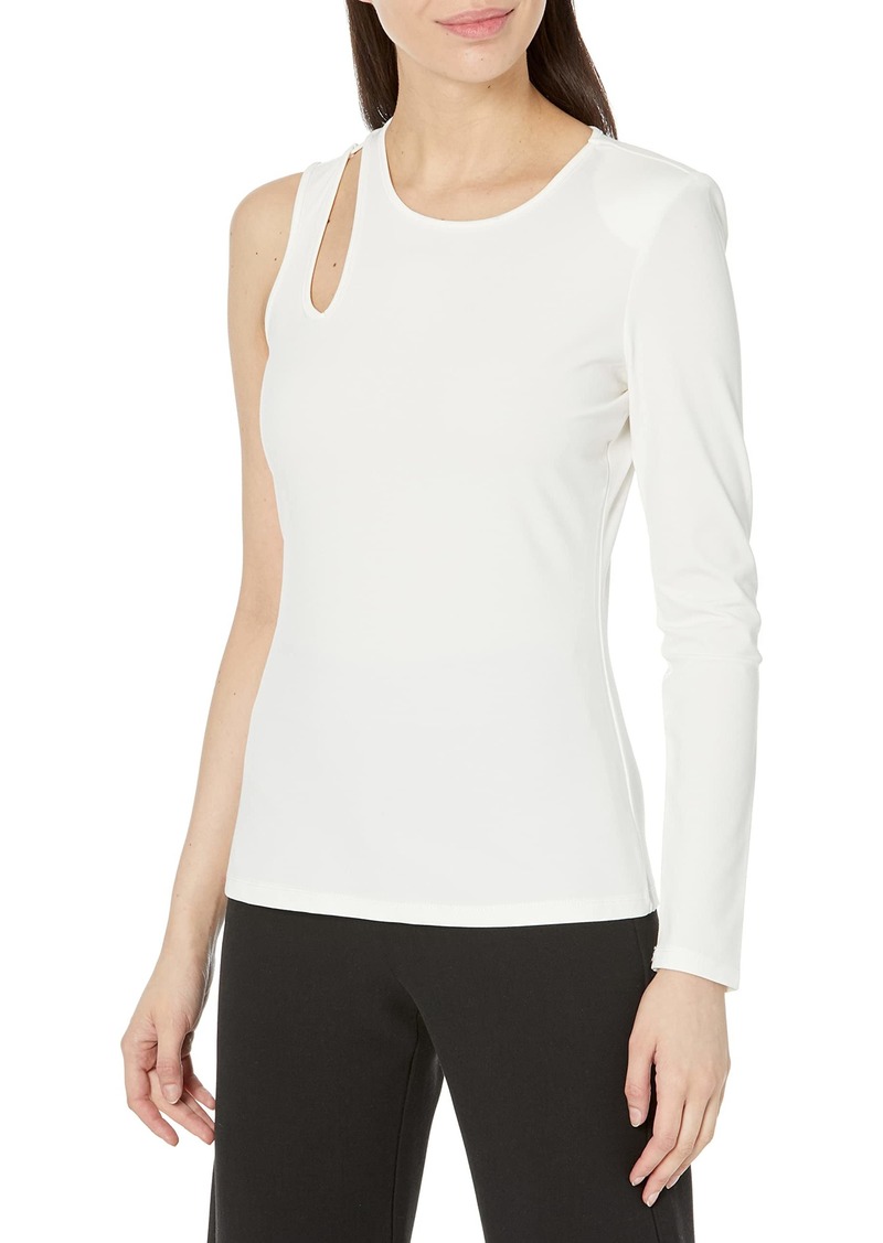 BCBG Max Azria BCBGMAXAZRIA Women's Fitted Top One Long Sleeve Crew Neck Shoulder Cut Out Shirt Off White